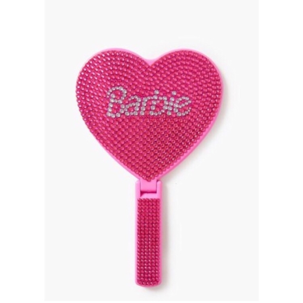Barbie Pink Rhinestone Heart Hand Mirror with Silver Logo